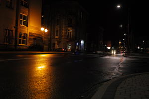 artificial lighting, city lights, eye level view, Kalisz, night, outdoor lighting, Poland, street, urban, wet, Wielkopolskie, winter