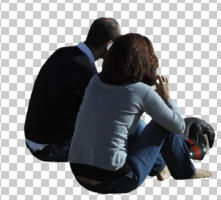 back, caucasian, cutout, cutout couples, cutout people, day, eye level view, people, sitting, smart casual, three-quarter