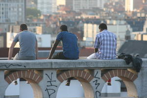 Belgium, Brussels, dusk, eye level view, group, man, people, sitting, summer