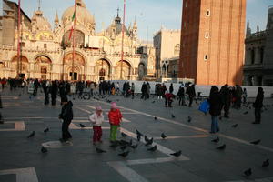 architecture, Basilica San Marco, bird, casual, child, day, dusk, eye level view, group, Italia , people, Piazza San Marco, pidgeons, square, Veneto, Venice, winter