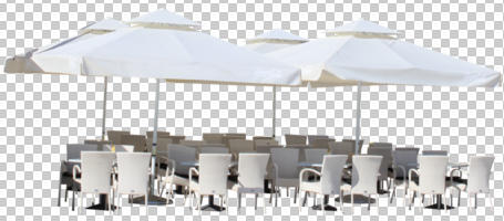 cafe, chair, cutout, cutout furniture, day, eye level view, furniture, sunny, table, umbrella