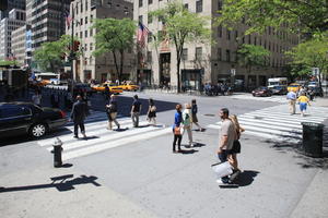 car, couple, crossing, day, elevated, group, Manhattan, New York, people, street, summer, sunny, taxi, The United States, tree, vegetation, walking