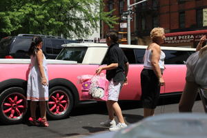 boy, car, day, eye level view, girl, group, Manhattan, New York, people, street, sunny, The United States, woman