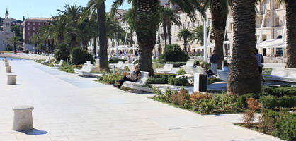 bench, bollard, bush, Croatia, day, eye level view, pavement, shrub, Splitsko-Dalmatinska, summer, sunny