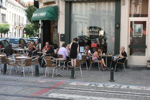 Belgium, Brussels, cafe, day, eye level view, group, natural light, people, sitting, street, summer, woman