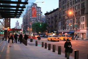 artificial lighting, evening, eye level view, Manhattan, New York, street, taxi, The United States