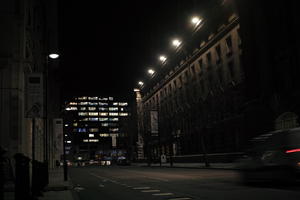 artificial lighting, building, city, city lights, England, eye level view, London, night, outdoor lighting, street, The United Kingdom, urban