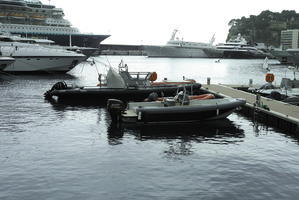 ambient light, boat, day, diffused light, eye level view, inflatable boat, marina, Monaco, Monte Carlo, Monte-Carlo, overcast, spring