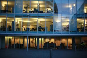 architecture, artificial lighting, building, dusk, England, eye level view, facade, glass, London, office, The United Kingdom, urban