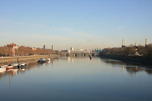 afternoon, boat, bridge, building, clear, day, elevated, England, London, natural light, residential, river, sky, The United Kingdom, transport, winter, winter