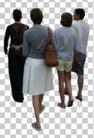 ambient light, back, casual, caucasian, cutout, cutout groups, cutout people, day, eye level view, group, natural light, people, walking, woman