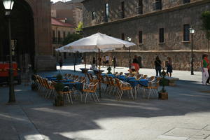 cafe, Castilla y Leon, chair, day, eye level view, object, plaza, Salamanca, Spain, summer, sunlight, sunny, sunshine, table