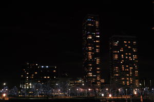 artificial lighting, building, city, city, city lights, cityscape, England, eye level view, housing block, London, night, residential, The United Kingdom, tower, winter