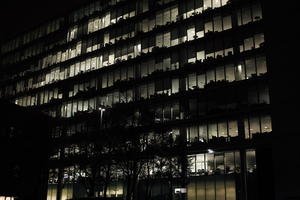 artificial lighting, building, city, city lights, England, eye level view, facade, Liverpool, night, office building, outdoor lighting, The United Kingdom, urban