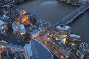 above, aerial view, artificial lighting, city, city lights, diffuse, diffused light, England, evening, London, river, The United Kingdom, urban, winter