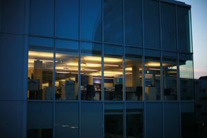 architecture, artificial lighting, building, dusk, England, eye level view, facade, glass, London, office, The United Kingdom, urban