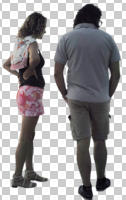 back, casual, caucasian, couple, cutout, cutout couples, cutout people, day, diffuse, diffused light, eye level view, standing, summer