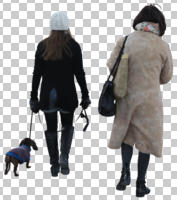 back, casual, caucasian, cutout, cutout people, cutout women, day, dog, eye level view, natural light, spring, walking, winter, woman