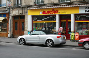 Amiens, car, day, door, eye level view, facade, France, overcast, Picardie, retail, shop, street