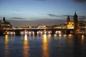 bridge, building, city, city, city lights, cityscape, dusk, England, evening, eye level view, London, river, The United Kingdom, winter