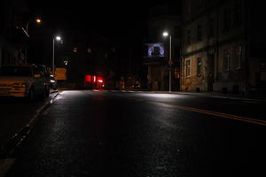 artificial lighting, city lights, eye level view, Kalisz, night, outdoor lighting, Poland, street, urban, wet, Wielkopolskie, winter