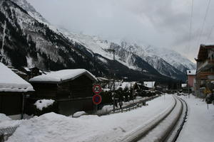 day, eye level view, France, mountain, overcast, Rhone-Alpes, road, sign, snow, village, winter