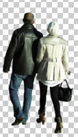 back, casual, caucasian, couple, cutout, cutout couples, cutout people, day, eye level view, sunny, walking, winter