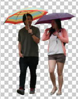 asian, casual, couple, cutout, cutout couples, cutout people, day, eye level view, front, natural light, summer, umbrella, walking