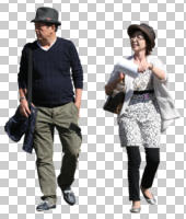 asian, casual, couple, cutout, cutout couples, cutout people, day, elderly, eye level view, front, sunny, walking