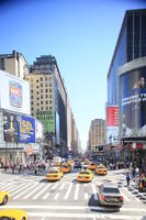 advertisement, building, car, crossing, crowd, day, elevated, man, Manhattan, New York, people, policeman, retail, shop, street, summer, sunny, taxi, The United States, walking