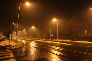 artificial lighting, eye level view, lamppost, night, Poland, road, snow, Wielkopolskie, winter