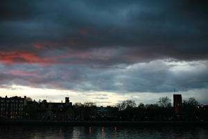 architecture, England, evening, eye level view, London, overcast, river, sky, sunset, The United Kingdom