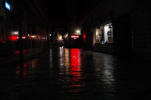 artificial lighting, building, city, Croatia, eye level view, night, pavement, pavement, paving, plaza, spring, street, wet, Zadar, Zadarska