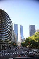 building, car, crossing, day, elevated, facade, Manhattan, New York, skyscraper, street, sunny, The United States, tree, vegetation