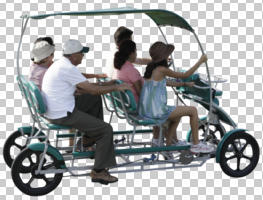 cart, casual, cutout, cutout groups, cutout people, cycling, day, eye level view, group, natural light, people, riding, side, summer