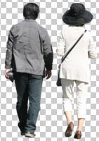 back, casual, couple, cutout, cutout couples, cutout people, day, eye level view, sunny, walking