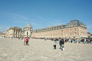 3-point perspective, architecture, building, day, eye level view, France, group, Ile-De-France, landmarks, Palace of Versailles, Paris, pavement, people, plaza, spring, summer, summer, sunny