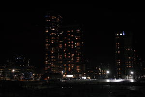 artificial lighting, building, building-site, city, city, city lights, cityscape, England, eye level view, housing block, London, night, residential, The United Kingdom, tower, winter