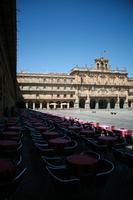 Castilla y Leon, chair, day, eye level view, furniture, plaza, Salamanca, Spain, summer, sunlight, sunny, sunshine, table