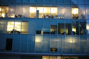 artificial lighting, building, dusk, England, evening, eye level view, facade, London, office, spring, The United Kingdom