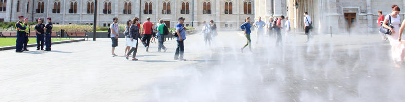 Budapest, day, eye level view, group, Hungary, pavement, people, smoke, square, standing, summer, sunny, walking