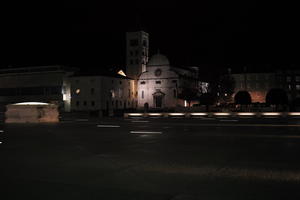 artificial lighting, building, church, city, Croatia, eye level view, night, pavement, pavement, paving, plaza, spring, well, wet, Zadar, Zadarska