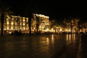 artificial lighting, city lights, Croatia, eye level view, lowered, night, pavement, reflected, Split, Splitsko-Dalmatinska, square