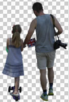 ambient light, back, casual, caucasian, child, cutout, cutout groups, cutout people, day, eye level view, family, group, walking