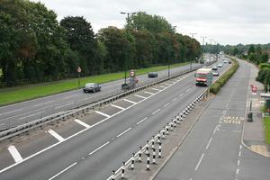 car, day, elevated, England, grass, guardrail, London, natural light, road, The United Kingdom, truck, vegetation