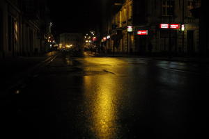 artificial lighting, city lights, eye level view, Kalisz, night, outdoor lighting, Poland, street, urban, wet, Wielkopolskie, winter