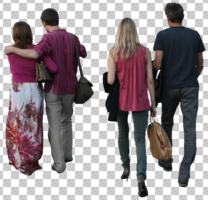 back, casual, caucasian, couple, cutout, cutout groups, cutout people, day, eye level view, group, natural light, people, summer, walking