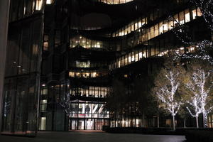 artificial lighting, building, city, city lights, decoration, England, entrance, eye level view, facade, Liverpool, night, office building, outdoor lighting, The United Kingdom, urban