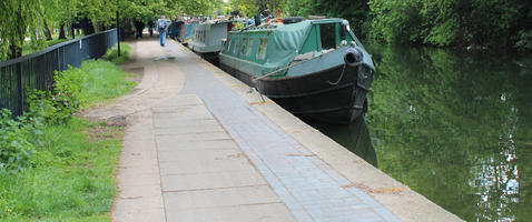 boat, canal, day, England, eye level view, London, path, pavement, spring, sunny, The United Kingdom