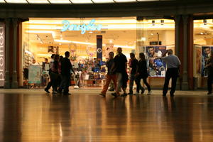 artificial lighting, eye level view, group, interior, people, Poland, Poznan, retail, shopping centre, Wielkopolskie